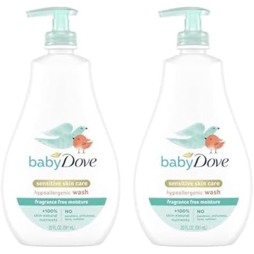Baby Dove Sensitive Skin Care Baby Wash For Bath Time, Moisture Fragrance Free and Hypoallergenic, Washes Away Bacteria 20 oz (Pack of 2)