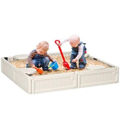 Outsunny Kids Outdoor Sandbox with Cover Garden Bed, Easy Assembly for Backyard, Cream White