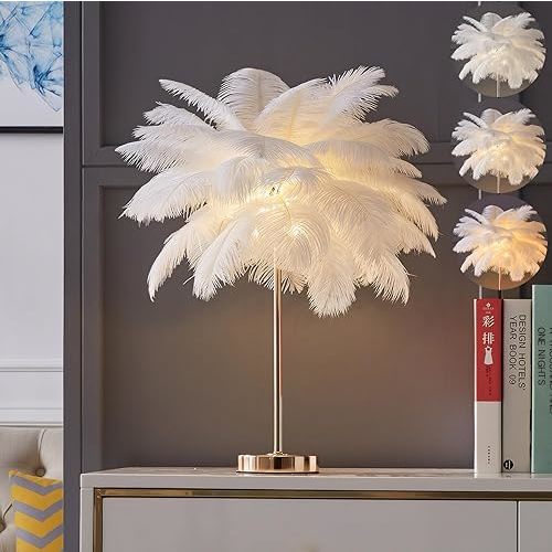 White Ostrich Feather Lamp,3-Color Temperature Modes,40 Feathers and 5 G4 LED Light Bulbs,Pink Lamp for Girl's Bedside,Golden Base (White)