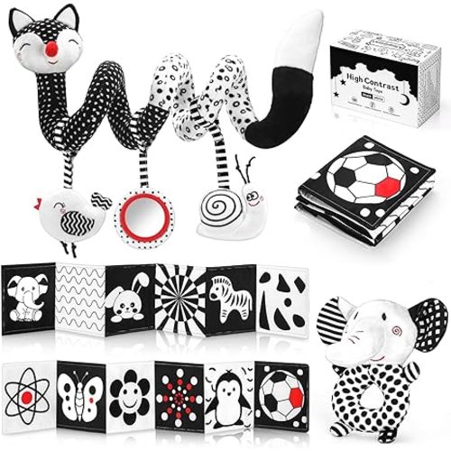 High Contrast Black and White Baby Toys 3-Piece Newborn Essentials Set with Hanging Toys,Rattle Crib Mobile,baby Book & Car Seat Stroller Toys for 0-3-6-12 Months Infant Development