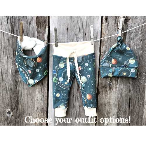 Space baby pants, organic baby set options, planets and space baby shower gift, organic baby clothes