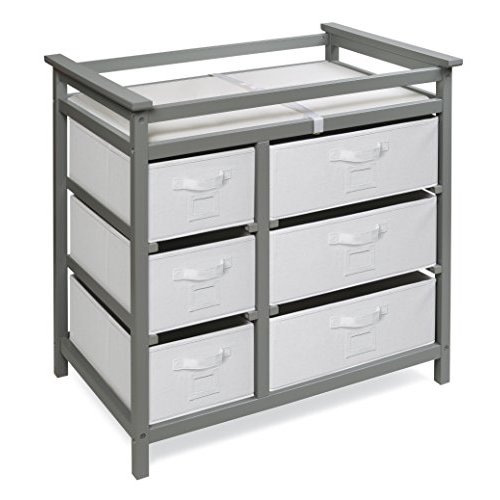 Badger Basket Modern Baby Changing Table - Diaper Station Organizer with 6 Storage Drawers, Reversible Baskets, Safety Rails - Baby Nursery Furniture with Changing Pad and Belt - Gray