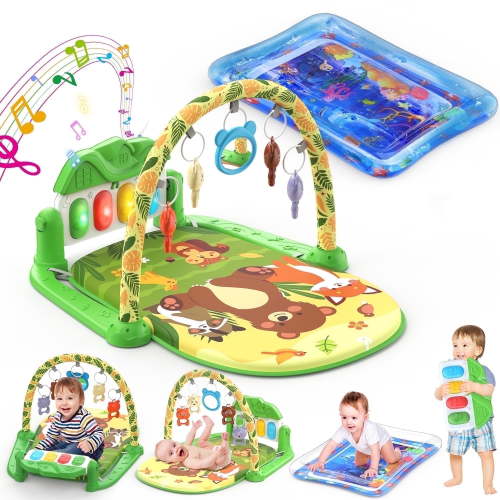WonderStone 2 in 1 Baby Gym Playmat, Tummy Time Water Mat with 5 Infant Sensory Toys & Play Piano, Boys and Girls Newborn Gift 0-12 Month (Blue)