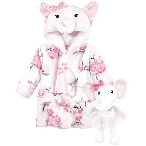 Hudson Baby Infant Girl Plush Bathrobe and Toy Set, White Elephant, One Size