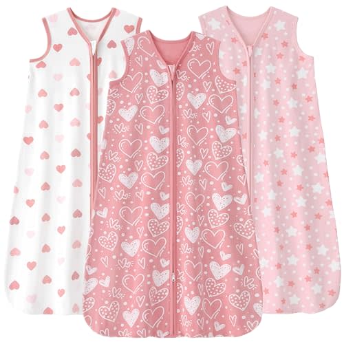 FIEMOL Baby Sleep Sack 0-6 Months, 100% Cotton Sleeping Sack for Newborn and Infant, 3 Pack Baby Wearable Blanket for Boy and Girl, 0.5 Tog Lightweight Double Zipper Sleep Bag Pink Heart