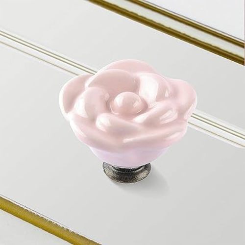 6Pcs 1.48-Inch Rose Flower Dresser Drawer Knobs, Pink Floral Ceramic Cabinet Knobs Vintage Drawer Handles for Nursery Kitchen Bathroom Girls Bedroom, 38mm