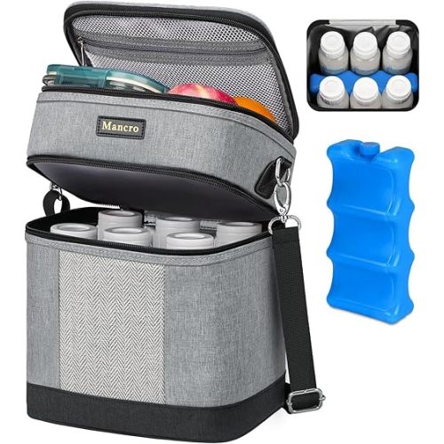 Mancro Breastmilk Cooler Bag with Ice Pack, insulated bottle bag for Daycare and Travel, Double Layer Baby Bottle Cooler Bag Fits 6 up to 9 Ounces for Nursing Moms, Light Grey