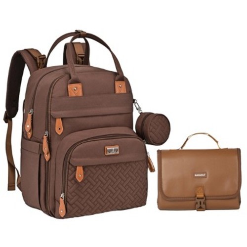 BabbleRoo Diaper Bag Backpack With Premium Changing Pad Stylish 26L Hands Free Baby Bag, Stroller Straps & Water-Resistant, Pañalera, Coffee