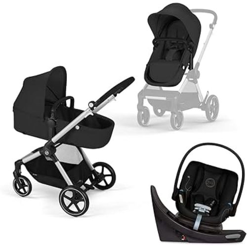 Cybex EOS 5-in-1 Travel System Stroller + Lightweight Aton G Swivel Infant Car Seat, Moon Black, Black Frame