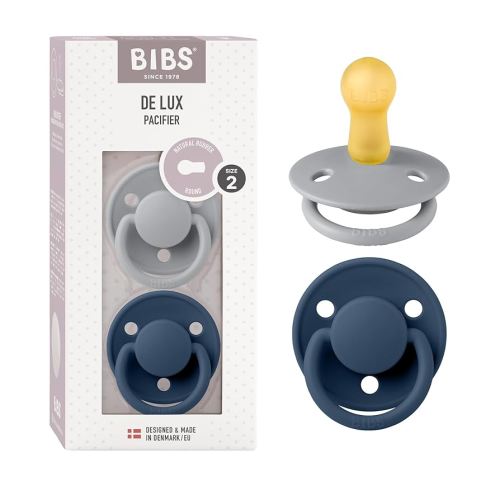 BIBS De Lux Baby Pacifier 2-Pack | Made in Denmark | BPA Free Dummy Soother, Round Nipple. Natural Rubber Latex, Size 2 (6-18 Months), Cloud/Steel Blue