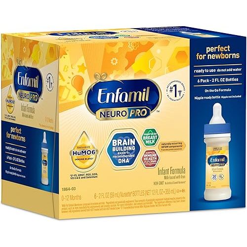 Enfamil NeuroPro Ready-to-Use Baby Formula, Ready to Feed, Brain and Immune Support with DHA, Iron and Prebiotics, Non-GMO, 2 Fl Oz Nursette Bottles, 6 Count