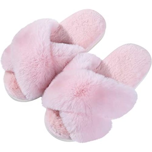 Evshine Women's Fuzzy Slippers Cross Band Memory Foam House Slippers Open Toe