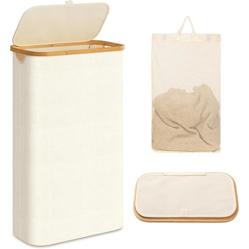 UBBCARE Laundry Hamper with Lid, 60L Slim Laundry Hamper with Removable Bag, Collapsible Dirty Clothes Basket for Bedroom, Bathroom, Laundry Room, Dorm, Beige