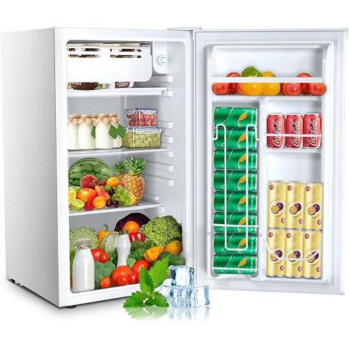 Mini Fridge with Freezer, Compact Refrigerator with Reversible Single Door, Adjustable Thermostat, Low Noise, Energy Efficient
