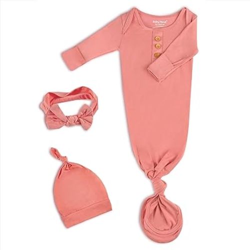 Newborn Baby Knotted Gown, Super Soft Silky Infant Long Sleeve Sleeper with Tie Bottom, Baby Girl and Boy Sleep Gown with Mittens, Bow, and Hat Set,Coming Home Outfit Light Coral[0-3 Months]