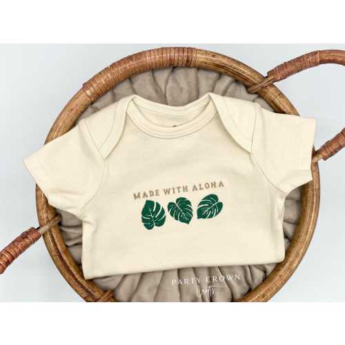 Embroidered Made with Aloha Bodysuit • Cute Hawaii Baby Announcement • Monstera Leaves Bodysuit • Tropical Baby • Made in Hawaii Baby Reveal