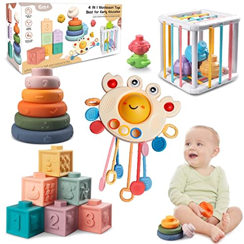 Montessori Baby Toys for Ages 6-18 Months - Pull String Teether, Stacking Blocks, Sensory Shapes & Storage Bin, Infant Bath Time Fun, 4 in 1 Toddlers Toy Gifts for 1 2 3 Year Old Boys Girls