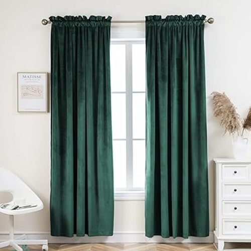 PLEASANT BOULEVARD Velvet Curtains [2 Panels] Heavy Blackout Window Drapes with Rod Pocket, Thermal Insulated Darkening Curtains for Living Room, Bedroom, & Home Decor (52" W x 84" L, Dark Green)