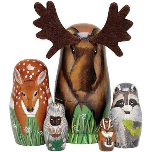 Bits and Pieces - "Woody and Friends" American Woodland Creatures Nesting Dolls - Hand Painted Wooden Animal Figurines - Set of 5