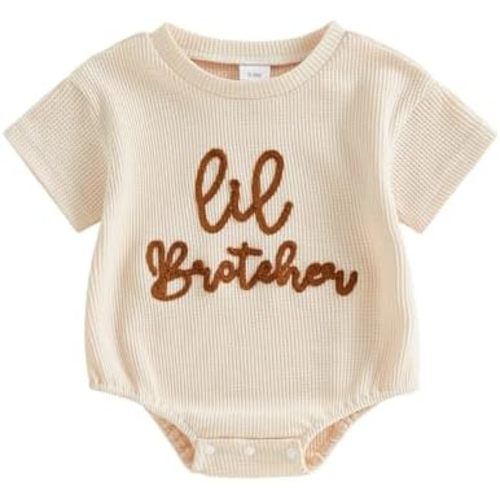 Baby Boy Outfit Little Brother Embroidery Waffle Knit Short Sleeve Bubble Romper Newborn Onesie Infant Summer Clothes