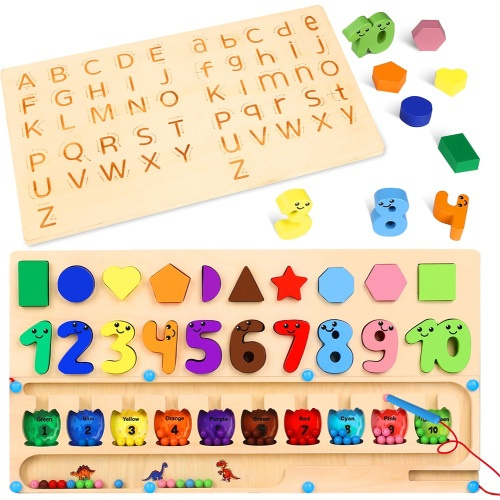 4 in 1 Montessori Learning Toys for Toddlers 2 3 4 5 Year Old, Educational Toys Wooden Puzzles Blocks Alphabet Number Maze Preschool Learning Activities Color Shape Sorter  Girls Boys Kids Gift