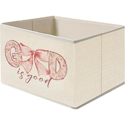 Mancheng-zi God Is Good Christian Collapsible Storage Bins, Coquette Pink Bow Floral Bible Verse Toys Books Clothes Storage Organizer Baskets for Living Room Living Room Girls Room Bedroom Dorm