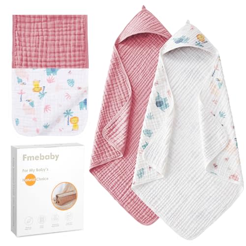 Fmebaby Muslin Bath Towel for Toddler 4 Pcs, 36x36 Inch 100% Muslin Cotton Baby Hooded Bath Towel and Washcloths for Babies, Infant and Kids, Soft and Absorbent Newborn Essential(Pink and Elephant)