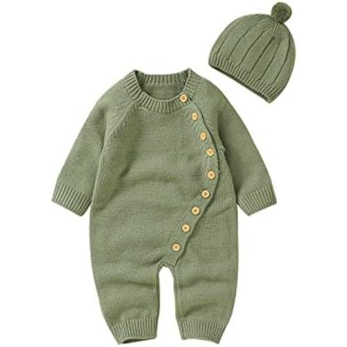 Newborn Baby Girls Boys Sweater Jumpsuit Winter Knit Romper Clothes Button Solid Bodysuit Jumpsuit Hat 2pcs Outfit