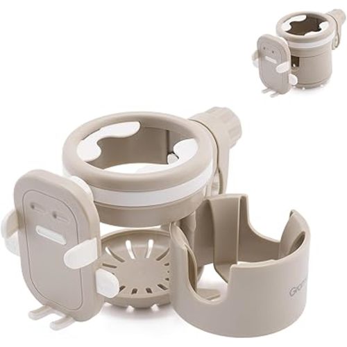 Gromast Universal Stroller Cup Holder with Phone Holder, 3-in-1 Detachable Drink Holder 360° Rotatable, Adjustable Cup Holder for Stroller Wheelchair Bike Walker Scooter - Khaki