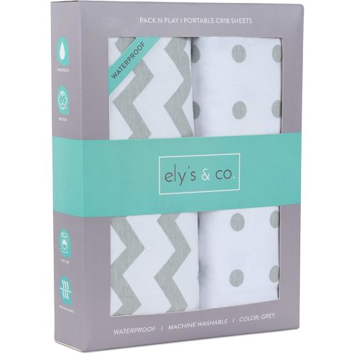 Ely's & Co. Kid's Waterproof Pack n Play Portable Mini Crib Sheet with Mattress Pad Cover Protection, White and Grey Chevron and Polka Dots (2 Pack)