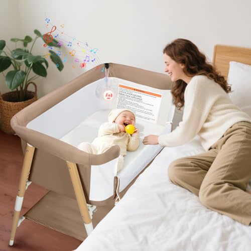 Baby Bassinet, 3 in 1 Bedside Bassinet Sleeper for Newborn, Portable Baby Crib with 4 Detachable Wheels & Adjustable Height, Breathable Mesh & Mattress, Mosquito Net& Storage Basket (Khaki)