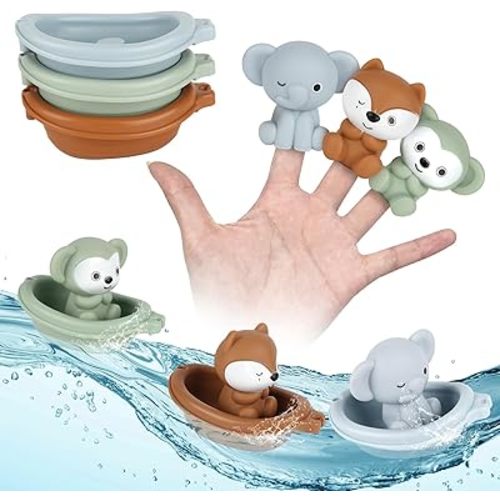 Bath Pool Toys for Toddler, Stacking Toys with 3 Boat 3 Sensory Finger Puppets, Toddler Toys Gifts for 2-4 Year Old Boy Girl, Model A