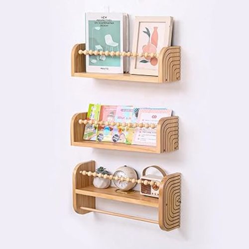 SAG's store Floating Nursery Shelves - Set of 3 Natural Wood Wall-Mounted Bookshelves for Kids Room, Baby Room, Nursery Decor - 15.7" Wide, Solid Wood Shelves for Books, Toys, and Decor Storage