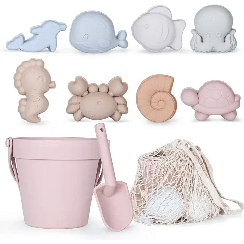 MarcZero 11Pcs Silicone Beach Toys,Modern Baby Beach Toys,Travel Friendly Beach Set,Silicone Bucket, Shovel, 8 Sand Molds, Beach Bag,Silicone Sand Toys for Toddlers, Kids (Pink)