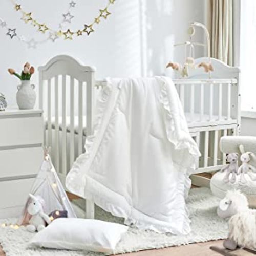 3 Pieces Crib Bedding Set Baby Ruffle Quilted Comforter with Fitted Sheet and Pillow - Cute Ruffled Shabby Chic Bedding Soft Blanket Design White