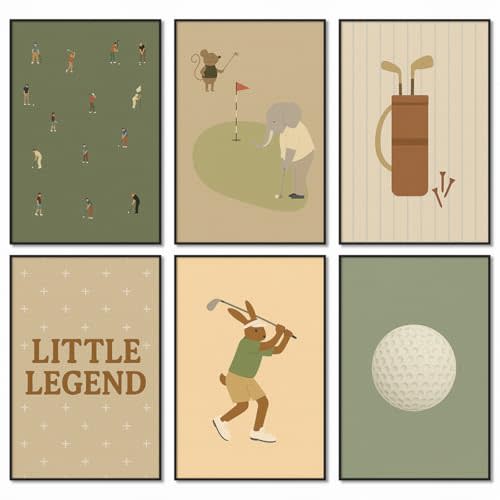 Golf Canvas Wall Art, Baby Boy Nursery Sports Posters, Animal Athletes Elephant Rabbit Pictures, Little Legend Charming Quote Print, Kids Bedroom Golf Course Wall Decor 8x12in Framed