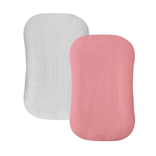 Hooyax Muslin Baby Lounger Cover 2 Pack, Organic Cotton Removable Slipcover for Newborn,Baby Padded Lounger Infant Floor Seat Cover for Boys Girls (Gray Flesh Pink)