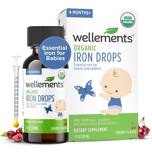 Wellements Organic Iron Drops for Newborn+ Babies (1 Fl Oz) - Cherry Flavor Liquid Iron Supplement for Infants - Toddler Iron Supplement for Kids (4months+ to 3 Years) - Supports Growth & Development*