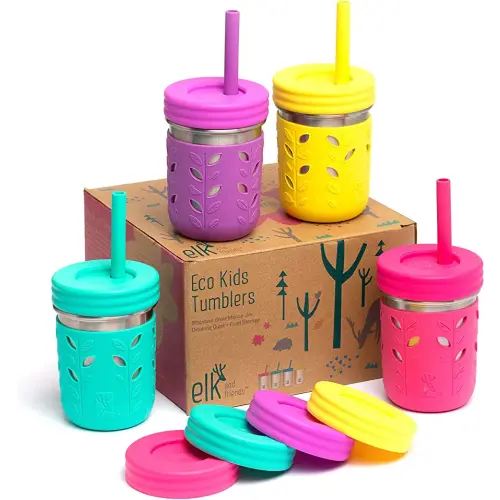 Elk and Friends Stainless Steel Cups | 10 oz Mason Jar design | Kids & Toddler Cups with Silicone Sleeves & Straws with Stopper | Smoothie Cups