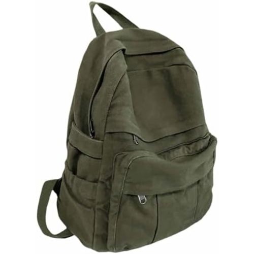 Military Green Canvas Backpack for Women & Men Retro Aesthetic Rucksack Basic Backpack for High School/College Students Travel Laptop Bag