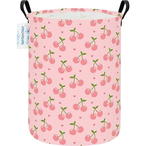 LANGYASHAN Laundry Basket Canvas Fabric Collapsible Organizer Basket for Storage Bin Toy Bins Gift Baskets Bedroom Clothes Children Nursery Hamper (Pink Cherry)