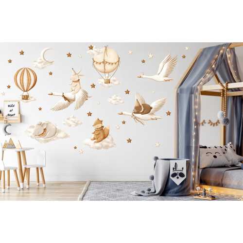 Hot Air Balloon Nursery Wall decal Watercolor Sleeping Animals Flying Swans Wall Sticker For Kids Room Decor Forest Animals Wall Art