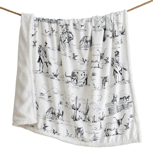 Indigo Hill by HiEnd Accents Ranch Life Sherpa Throw Blanket, White Black Cowboy Cow Longhorn Horse Print Western Blanket for Camping Outdoor, Sherpa Fleece Blanket for Couch, Sofa, Bed, 54x68 inch