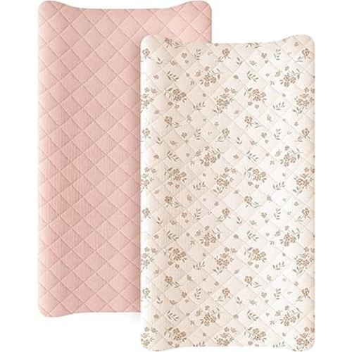 Konssy Waterproof Muslin Changing Pad Cover 2 Pack, Quilted Cotton Fitted Diaper Chang Table Cover, Soft Changing Pad Sheets for Girls Boys (Blossom,Pink)