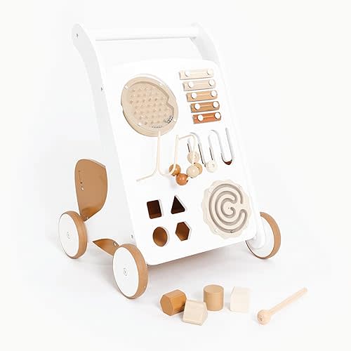 GATHRE Baby Activity Walker | Wooden Push Baby Walker with Wheels | Busy Board and Toys Included | Great for Ages 12+ Months | Easily Wipeable | Modern Beige Aesthetic | 20in x 13in x 12.5in