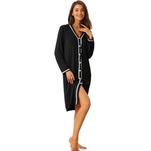 Cheibear Women's Button Down V Neck Long Sleeve Pajama Nightshirt Dress Black Large