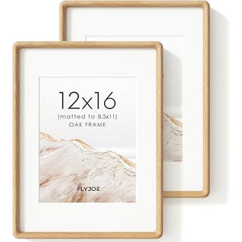 12x16 Picture Frame Set of 2, Natural Solid Oak Wood Photo Frame with Tempered Glass, Handcrafted Rounded Corner 12 x 16 Frame Matted to 8.5x11 Photo, Horizontal or Vertical Wall Mounting