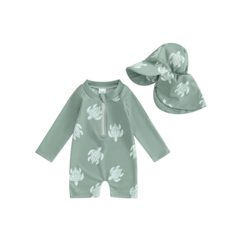 Qtinghua Infant Toddler Baby Boys Rash Guard Swimsuit Romper Long Sleeve Turtle/Dinosaur Print Bathing Suit Swimwear with Swim Cap Green 1-2 Years