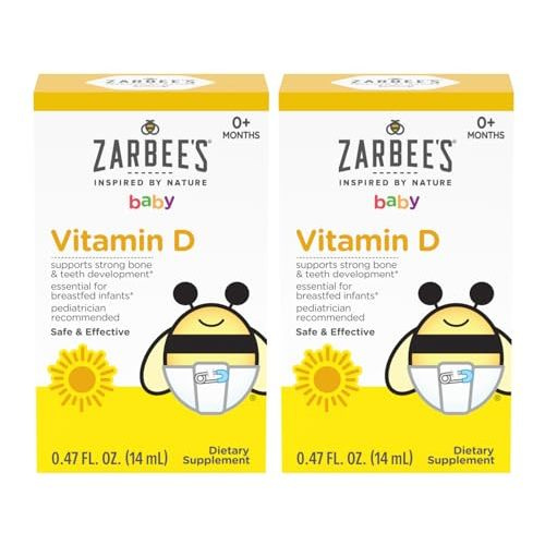 Zarbee's Vitamin D Drops for Infants, 400IU (10mcg) Baby & Toddler Liquid Supplement, Newborn & Up, Dropper Syringe Included, Pack of 2 0.47 Fl Oz Bottles