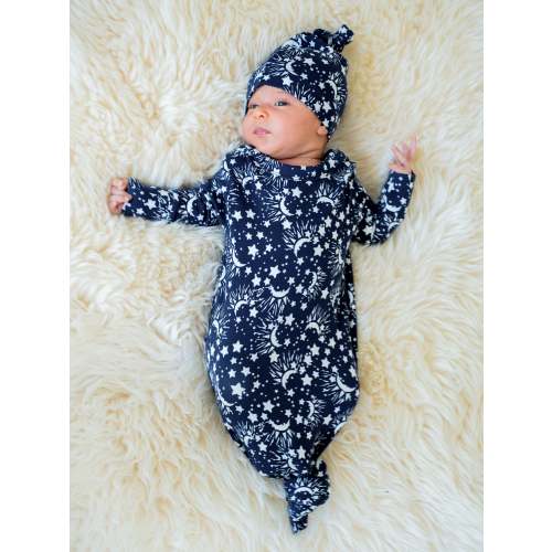 Baby Knotted Gown & Hat Set | Navy Stars